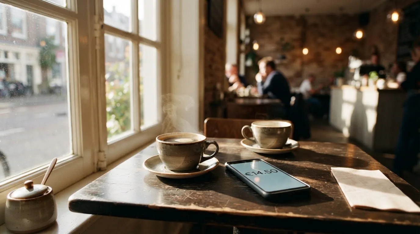 Zwei Kaffeetassen und ein dunkles Smartphone stehen auf einem Café-Tisch am Fenster im Morgenlicht.