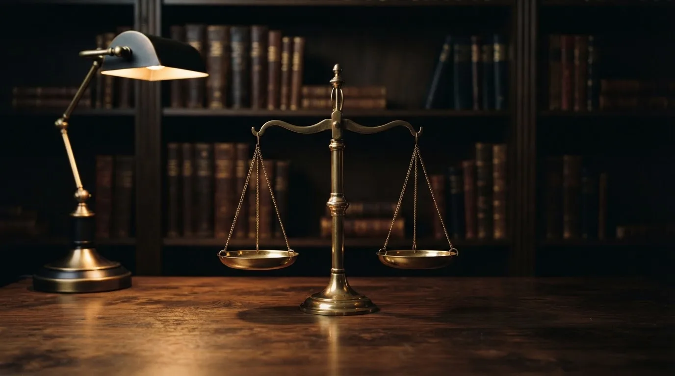 Eine Messingwaage steht auf einem dunklen Holztisch, dahinter eine unscharfe Regalwand mit geschlossenen Büchern.