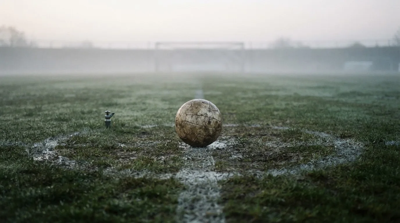Ein abgewetzter Fußball liegt auf dem Anstoßkreis eines Naturrasens im Morgennebel.