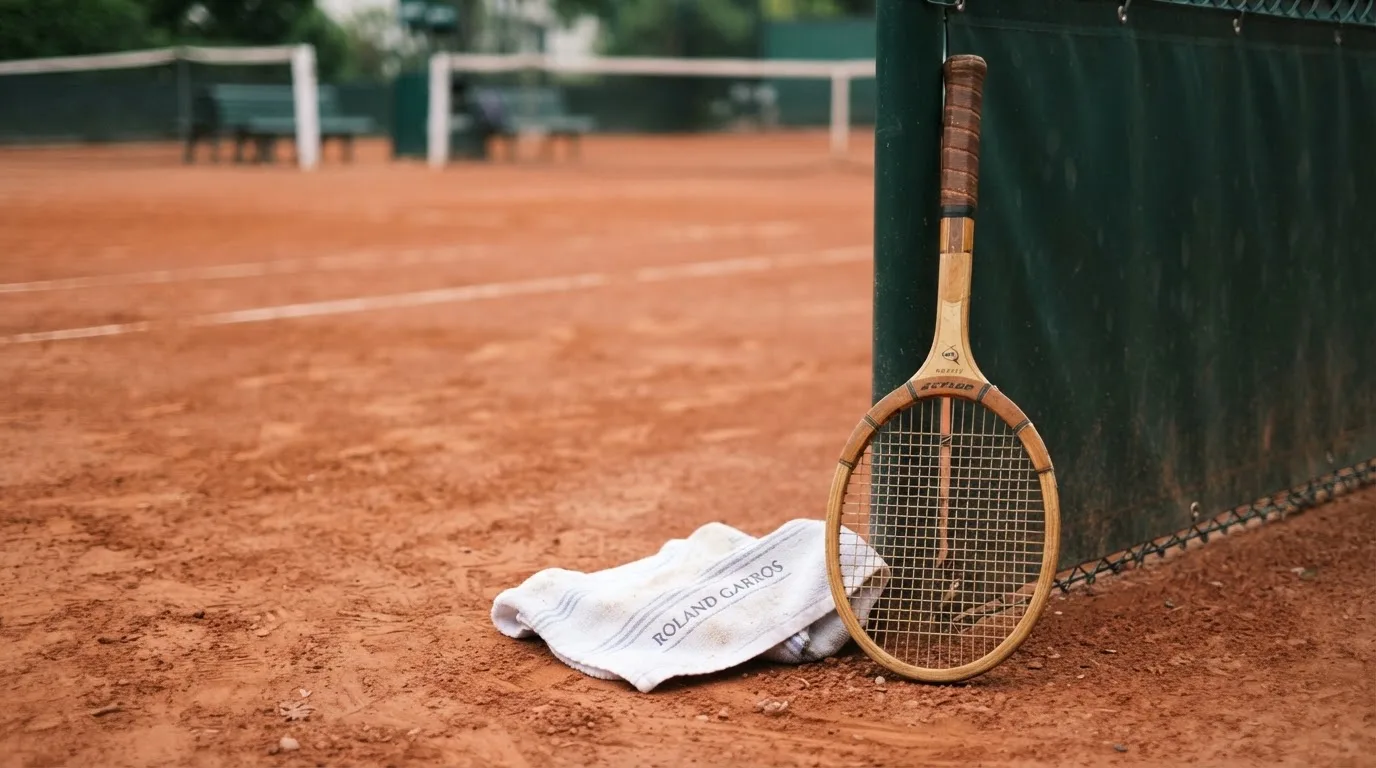 Ein Tennisschläger lehnt an einer dunkelgrünen Bande ohne Aufschrift auf einem Sandplatz, daneben liegt ein Handtuch.