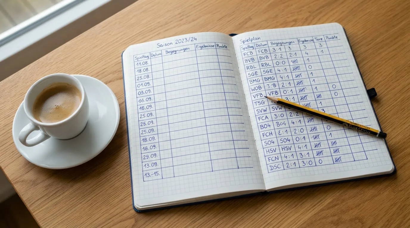 Ein aufgeschlagenes Notizbuch mit handschriftlichen Skizzen liegt neben einem Bleistift auf einem Holztisch, daneben eine Tasse Kaffee.