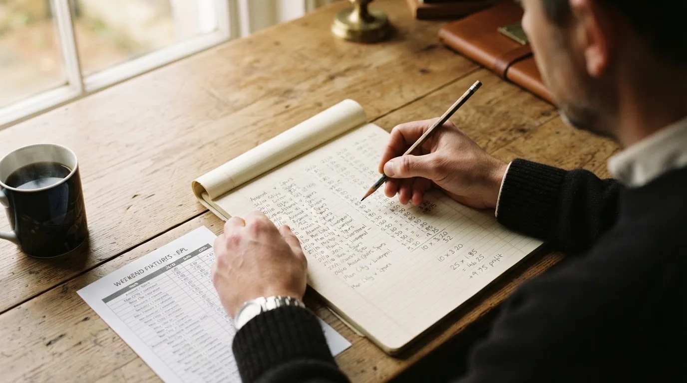 Ein Taschenrechner und ein Bleistift liegen auf einem Schreibtisch neben einem aufgeschlagenen Notizbuch mit handschriftlichen Zahlenreihen.