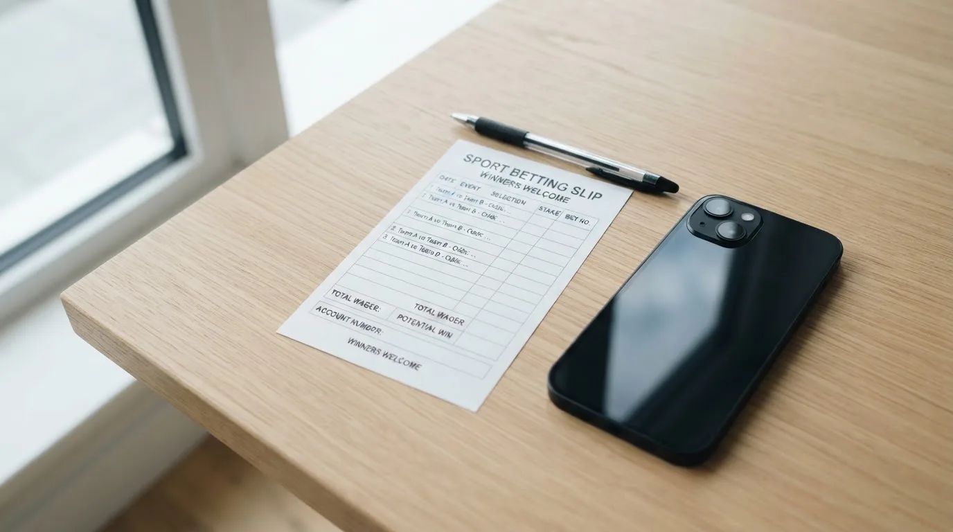 Ein leerer Papier-Wettschein liegt neben einem Smartphone mit dunklem Display auf einer hellen Tischplatte, daneben ein Kugelschreiber.
