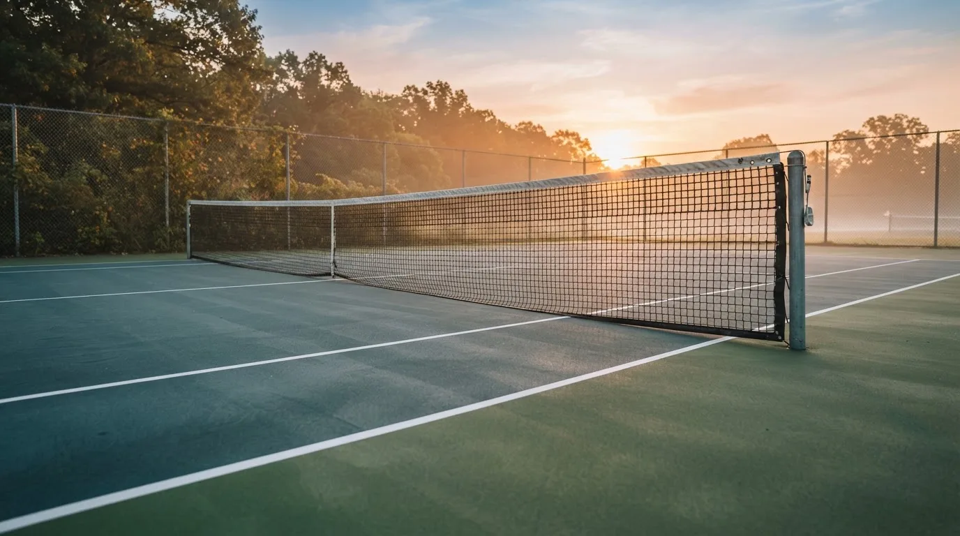 Ein Tennisplatz bei Sonnenaufgang, Netz und Grundlinien im weichen Licht, niemand ist zu sehen.