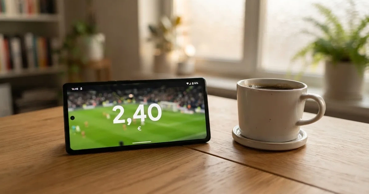 Ein Smartphone mit dunklem Display liegt auf einem Holztisch neben einer Tasse Kaffee, im Hintergrund ein unscharfes Fenster.