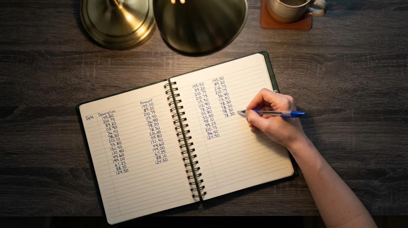 Ein Taschenrechner und ein Notizbuch mit handschriftlichen Zahlenreihen liegen auf einem Schreibtisch unter einer Lampe.