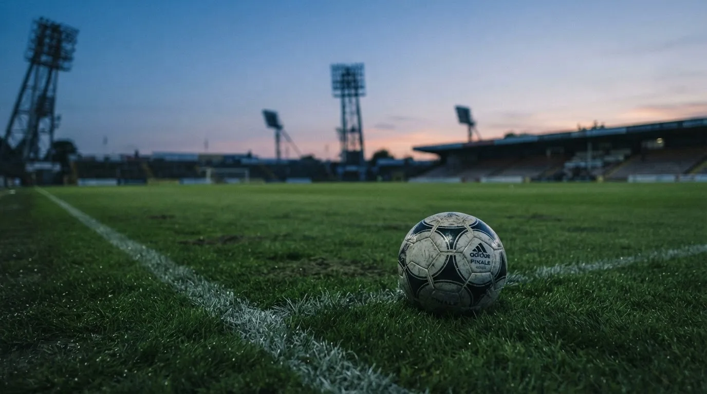 Ein Fußball liegt im Gras eines leeren Platzes, im Hintergrund stehen Flutlichtmasten in der Dämmerung.