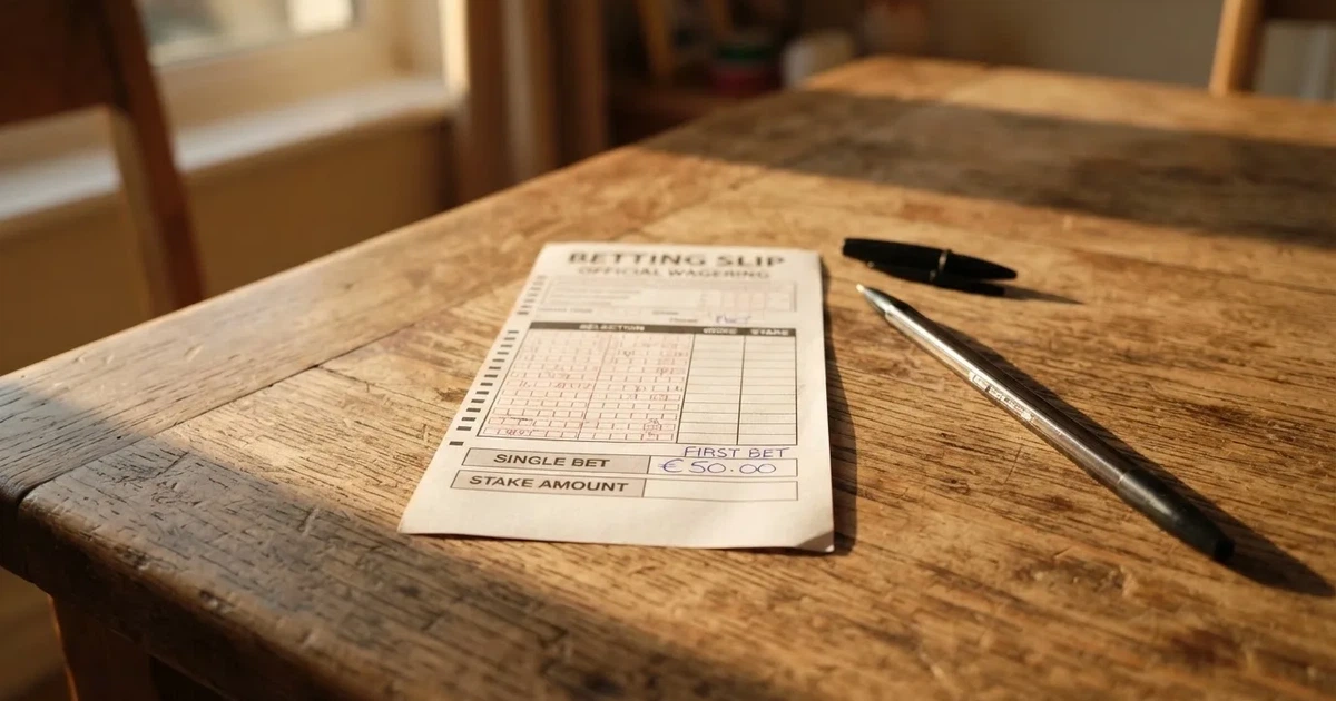 Ein leerer Papier-Wettschein und ein Kugelschreiber liegen auf einem Holztisch, daneben ein kleiner Stapel Münzen im Morgenlicht.