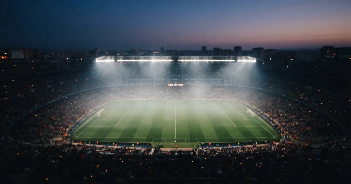 Ein leeres Stadion unter Flutlicht aus großer Entfernung gesehen, Dunst liegt über dem Rasen, die Tribünen sind nur als Lichtpunkte erkennbar.