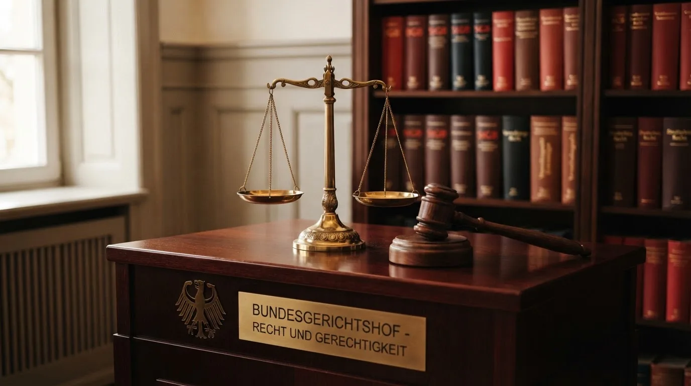 Eine Balkenwaage aus Messing steht neben einem hölzernen Richterhammer auf einem dunklen Pult, im Hintergrund ein unscharfes Bücherregal.