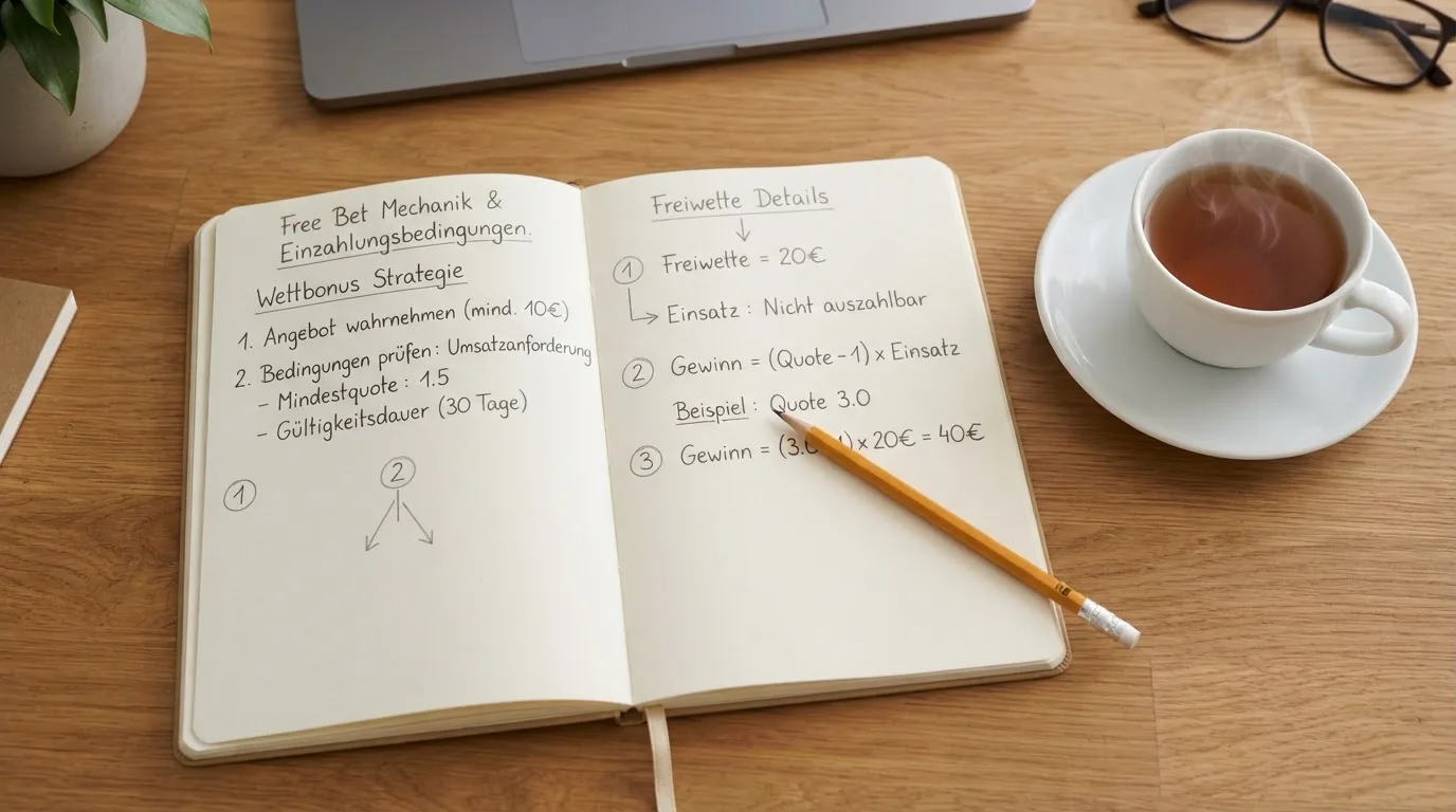 Ein aufgeschlagenes Notizbuch mit handschriftlichen Skizzen und ein Bleistift liegen auf einem Schreibtisch neben einer Tasse Tee.