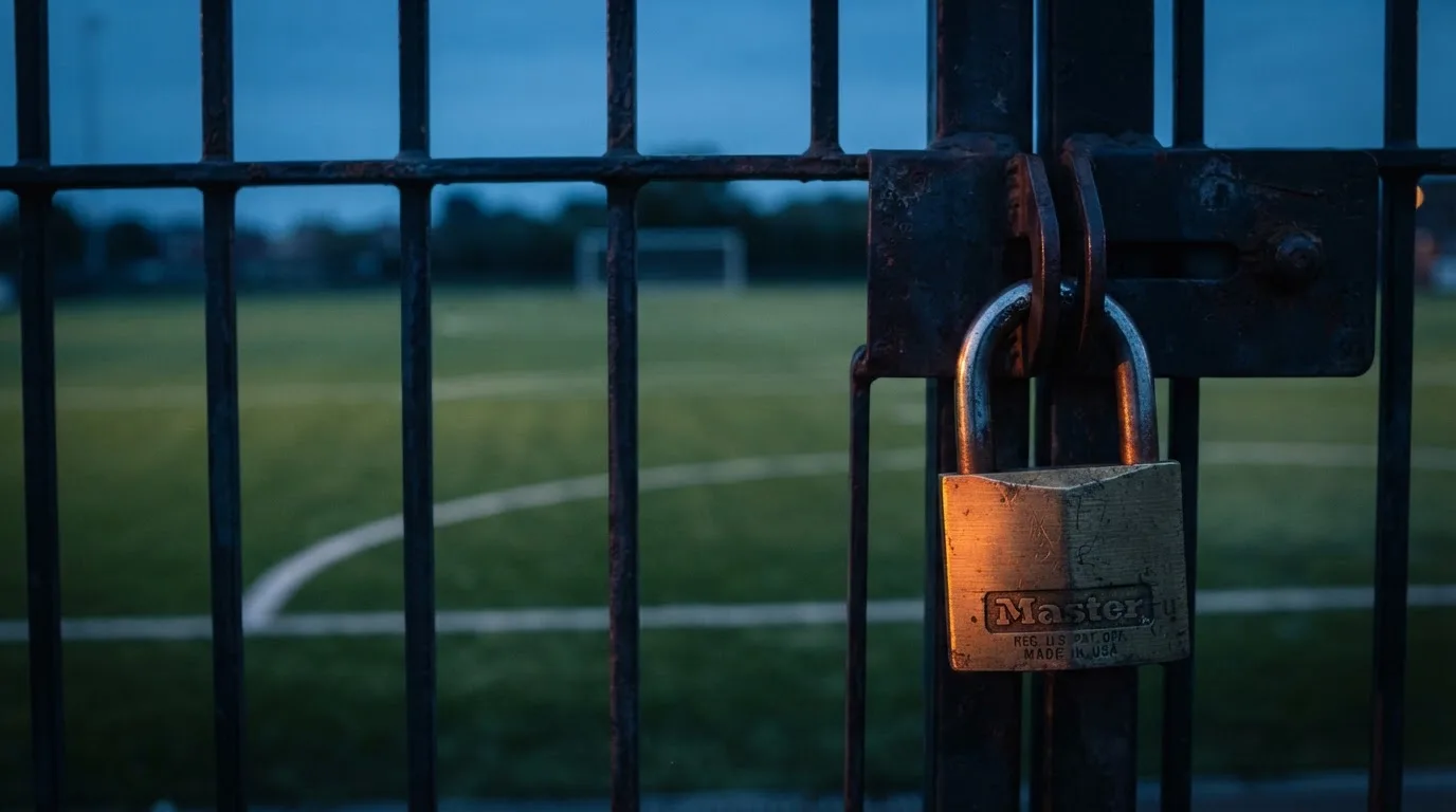 Ein Vorhängeschloss hängt an einem Metalltor in der Dämmerung, im Hintergrund unscharf ein Fußballplatz.