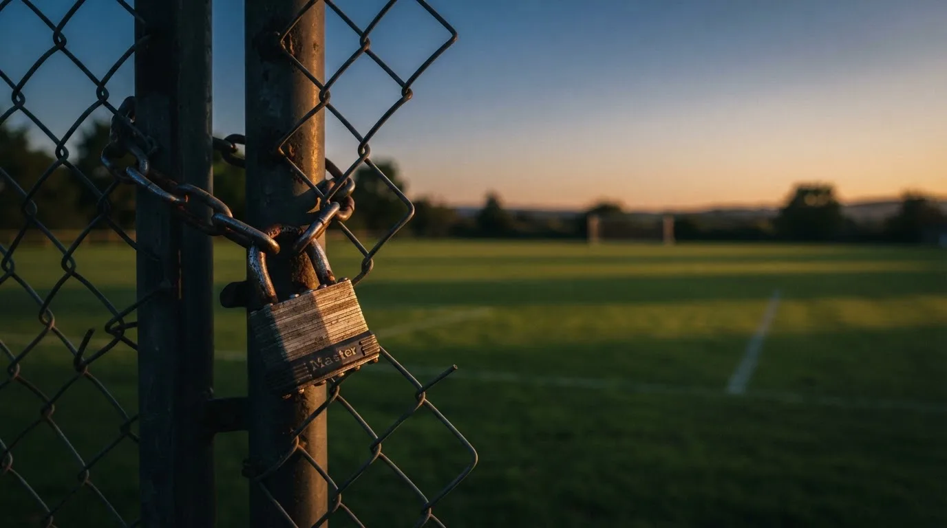 Ein Vorhängeschloss hängt an einem Metalltor in der Dämmerung, im Hintergrund unscharf ein leerer Fußballplatz.