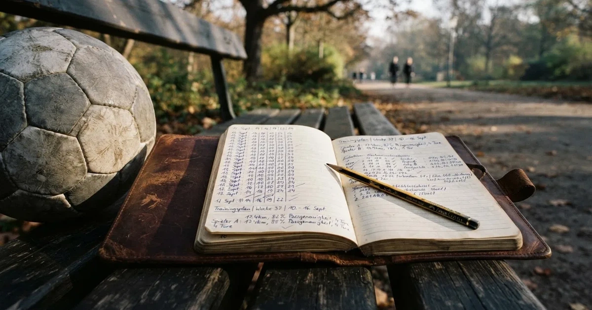 Ein Notizbuch mit handschriftlichen Zahlenkolonnen und ein Bleistift liegen neben einem Fußball auf einer Holzbank.