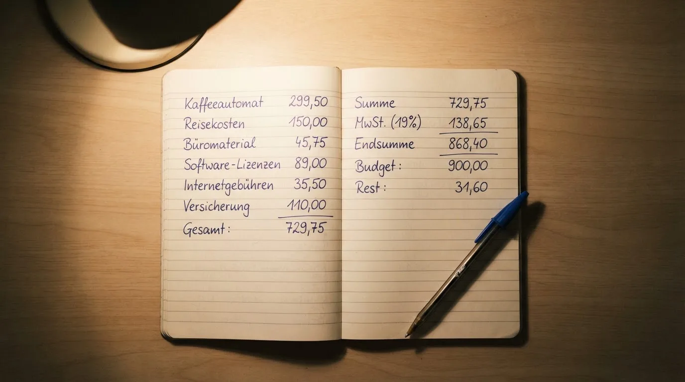 Ein Taschenrechner und ein aufgeschlagenes Notizbuch mit handschriftlichen Zahlenreihen liegen unter einer Schreibtischlampe.