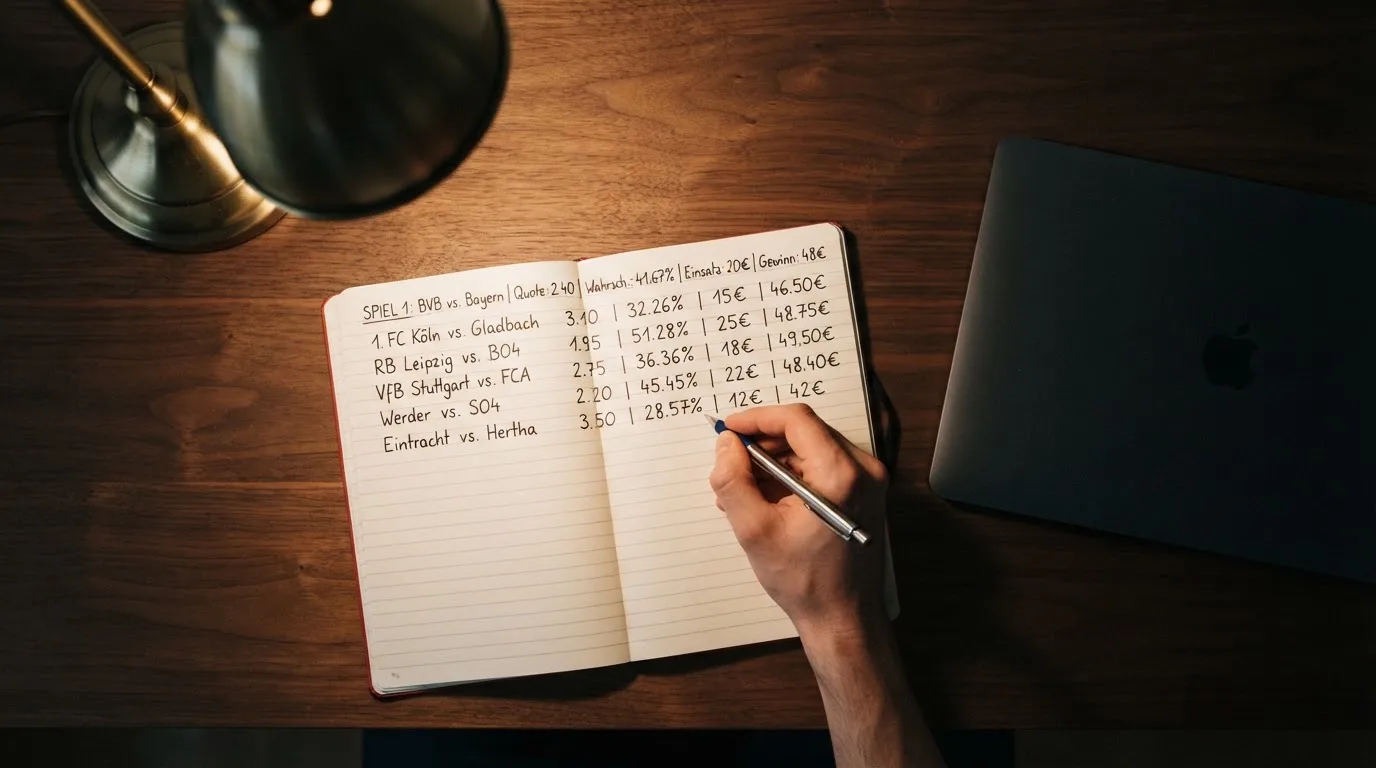 Ein Taschenrechner und ein aufgeschlagenes Notizbuch mit handschriftlichen Zahlenreihen liegen unter einer Schreibtischlampe.