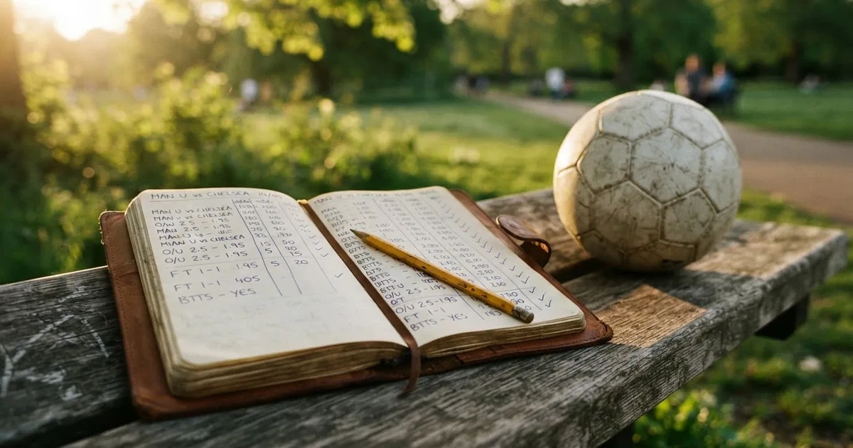 Ein Notizbuch mit handschriftlichen Zahlenkolonnen und ein Bleistift liegen neben einem Fußball auf einer Holzbank.