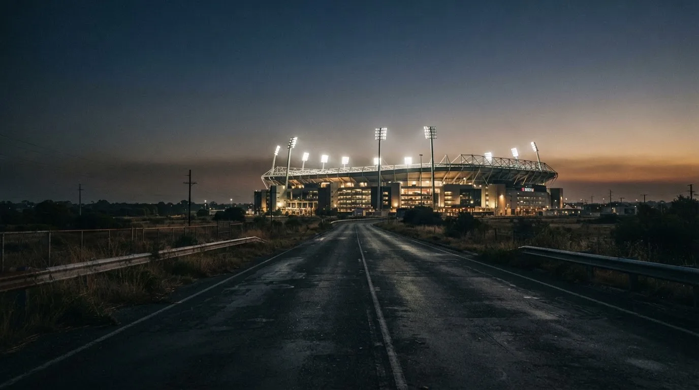 Ein Stadion unter Flutlicht aus der Ferne gesehen, davor eine leere Straße in der Abenddämmerung mit leichtem Dunst.