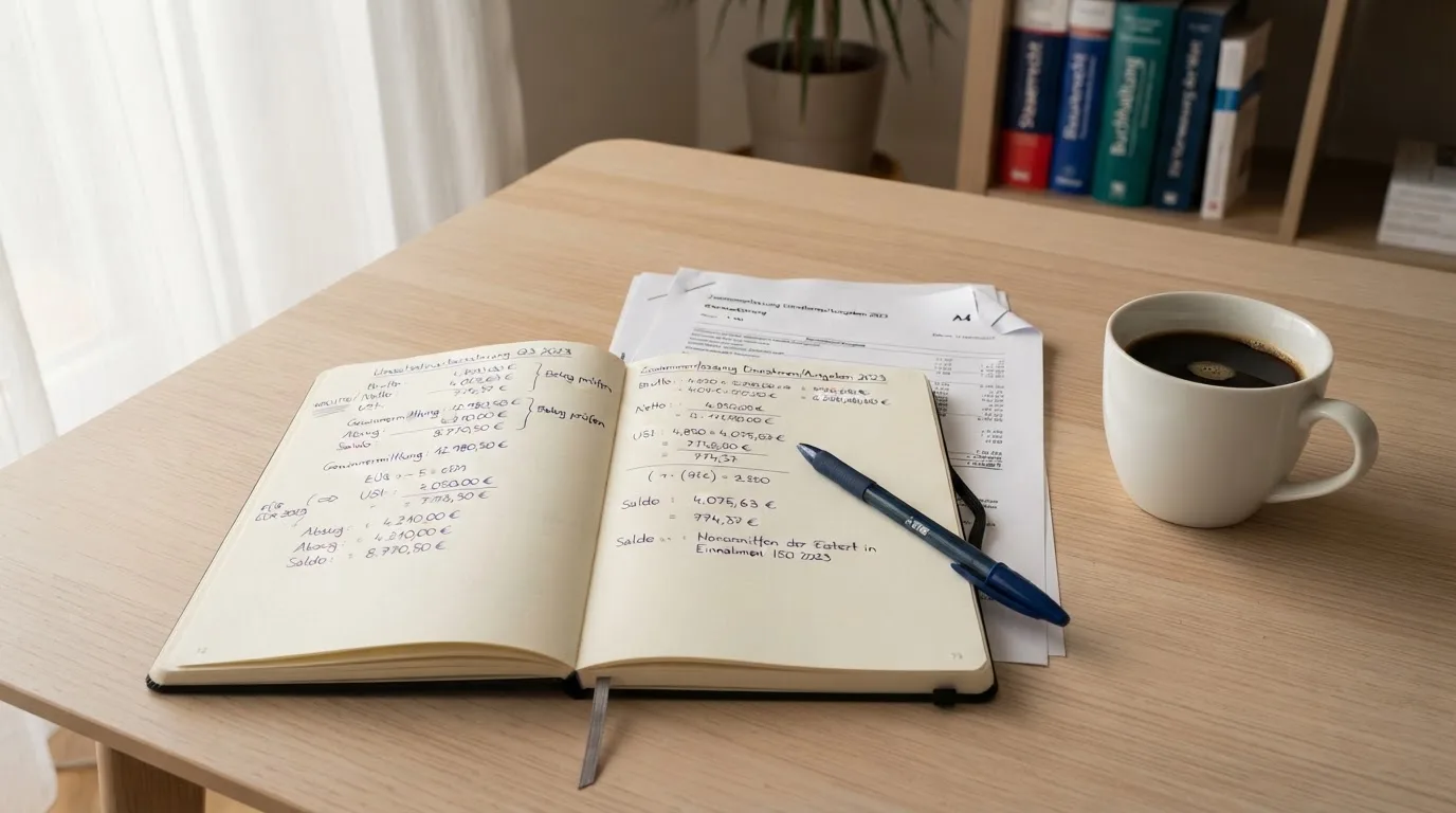 Ein Notizbuch mit handschriftlichen Rechnungen und ein Taschenrechner liegen auf einem hellen Schreibtisch neben einer Kaffeetasse.