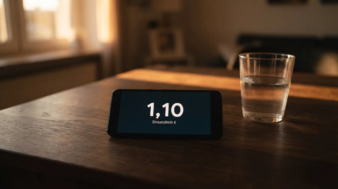 Ein Smartphone liegt mit dem Display nach unten auf einem Holztisch neben einem Glas Wasser, Abendlicht fällt durch ein Fenster.