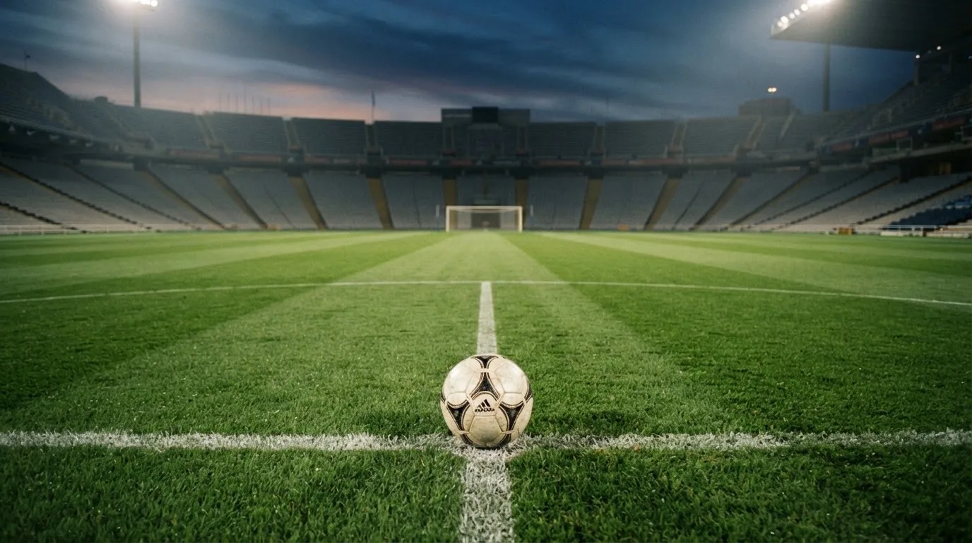 Ein Fußball liegt auf dem Anstoßpunkt eines leeren Rasenplatzes, dahinter ragen dunkle Ränge in den Abendhimmel.