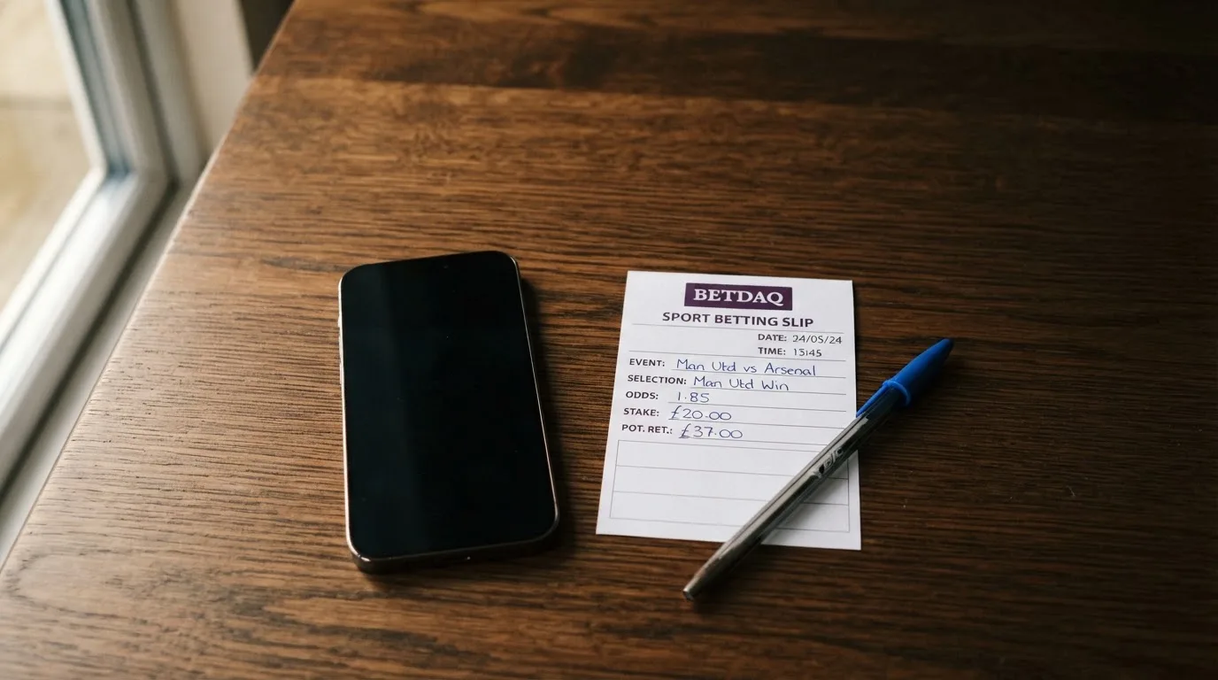 Ein Smartphone mit dunklem Display liegt neben einem leeren Papier-Wettschein und einem Stift auf einem Holztisch.
