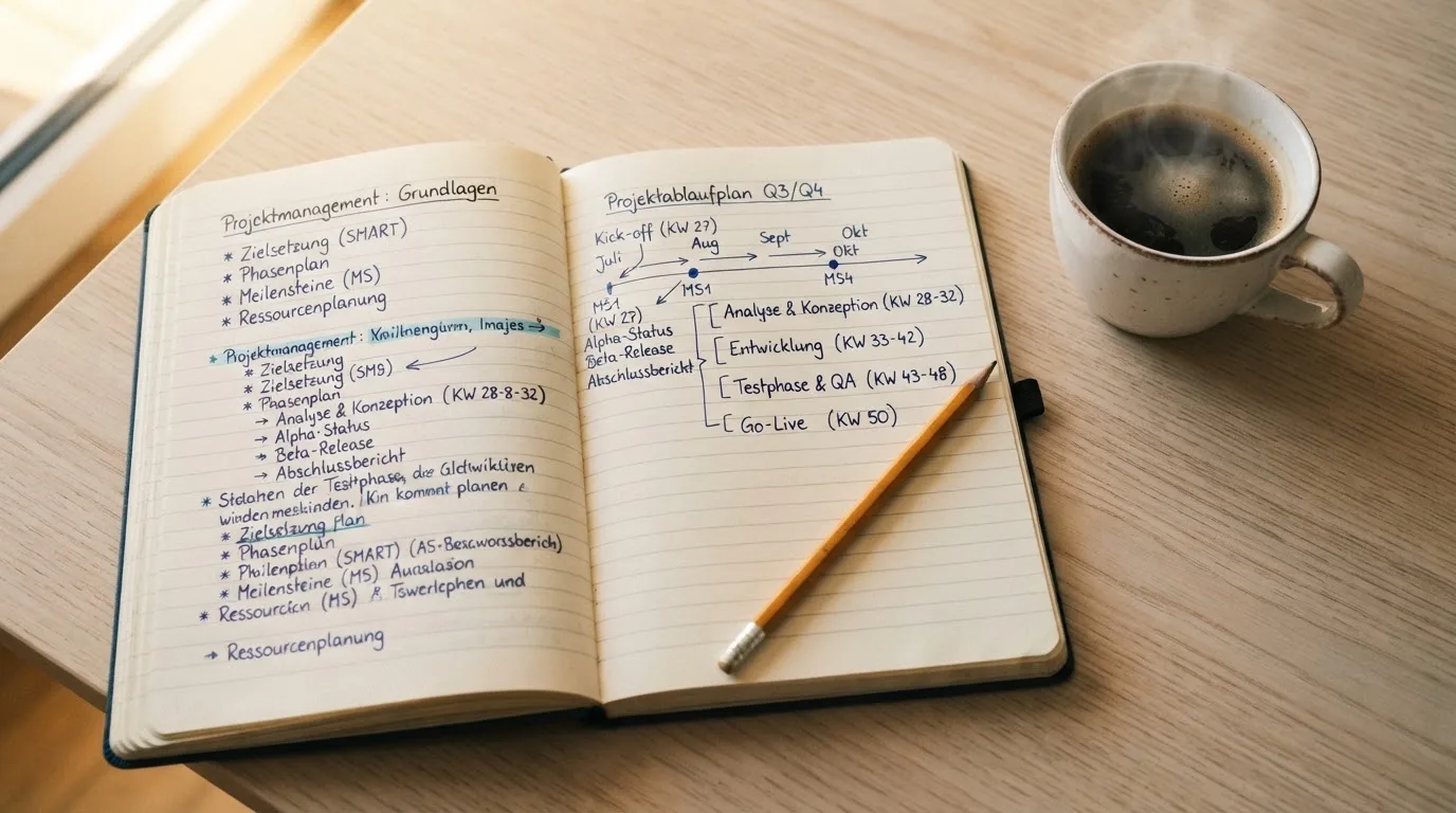 Ein Notizbuch mit handschriftlichen Notizen und einem Bleistift liegt auf einem Tisch, daneben steht eine Kaffeetasse im Morgenlicht.