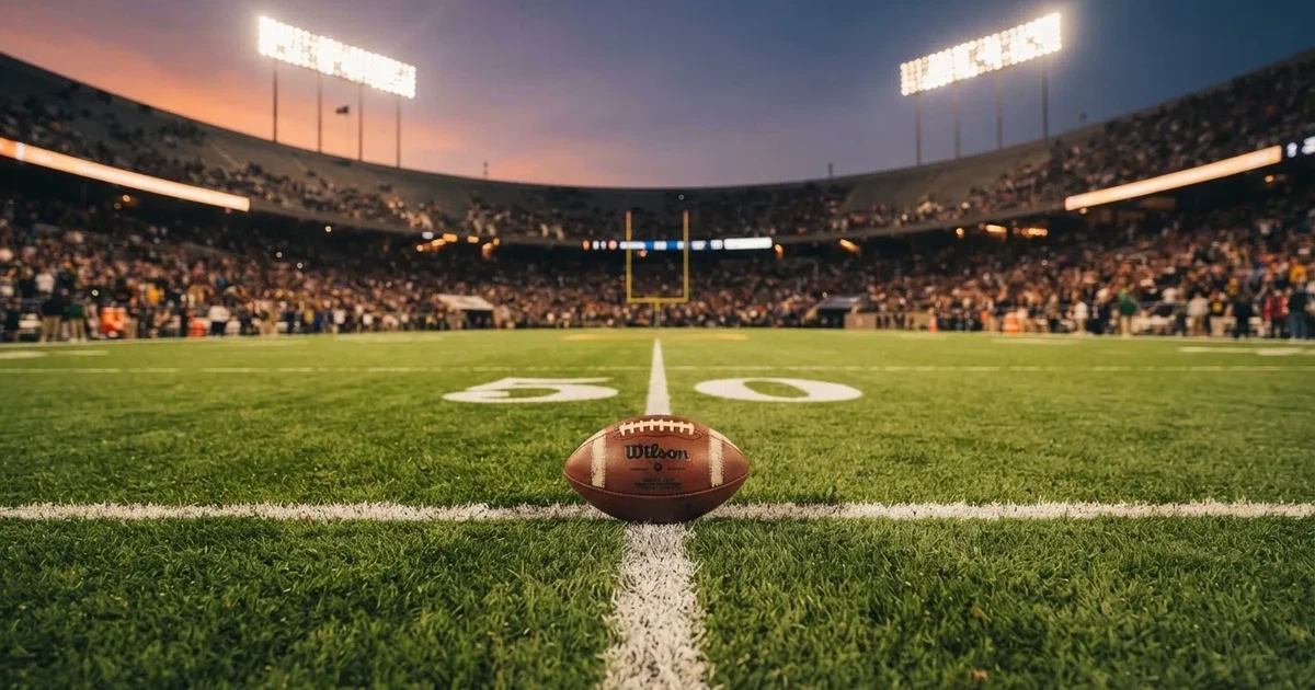 Ein American-Football-Ball liegt auf einem Rasenplatz unter Flutlicht, im Hintergrund eine große Tribüne in der Dämmerung.