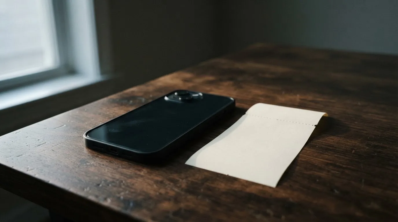Ein Smartphone liegt mit dunklem Display auf einem Holztisch neben einem leeren Papier-Wettschein, Licht fällt von einem Fenster.