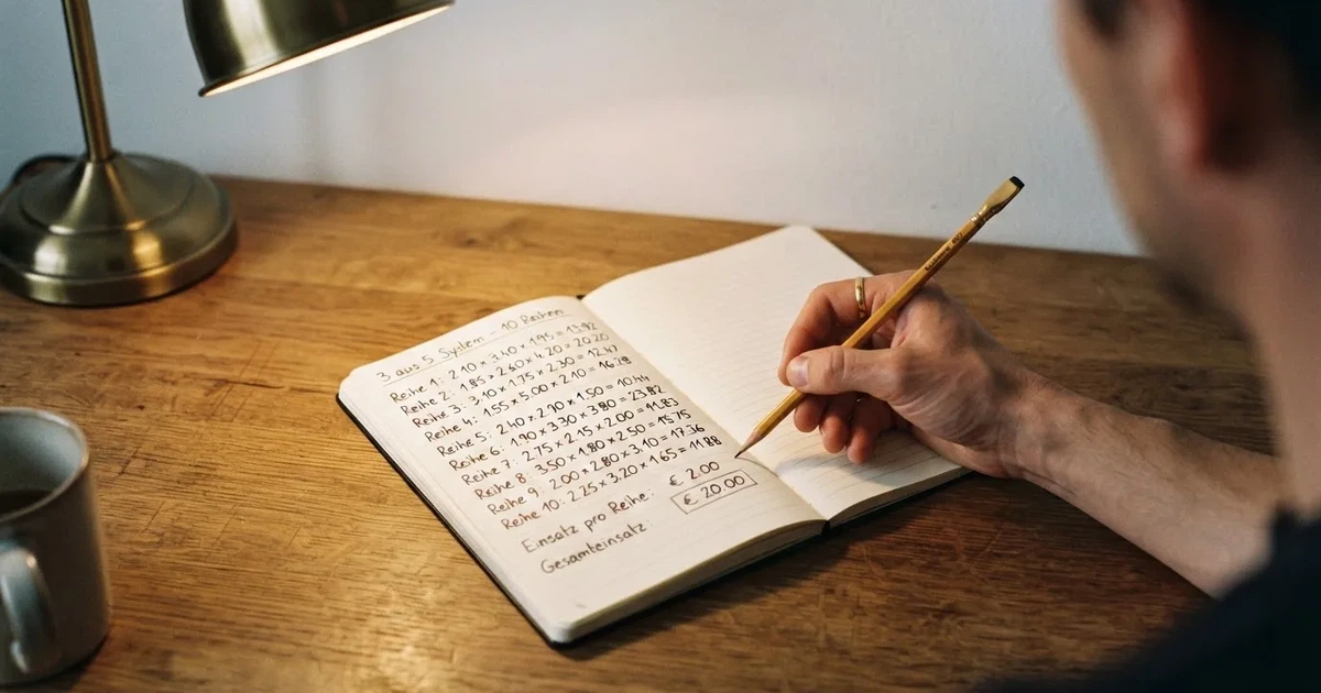 Ein Notizbuch mit handschriftlichen Notizen und einem Bleistift liegt neben einem Taschenrechner auf einem aufgeräumten Schreibtisch.