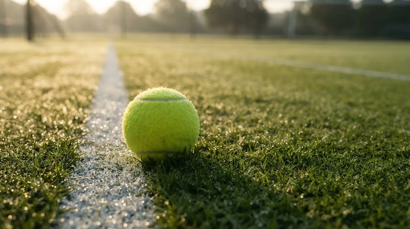 Ein Tennisball liegt auf frisch gemähtem Gras neben einer weißen Linie, Tautropfen glänzen im Gegenlicht.