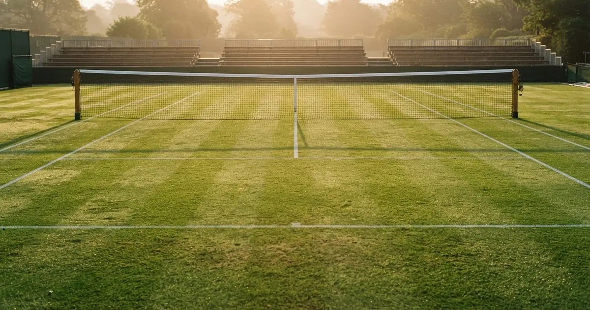 Ein Tennisplatz mit Rasenbelag im Morgenlicht, Netz und weiße Linien, im Hintergrund eine ruhige Tribüne.