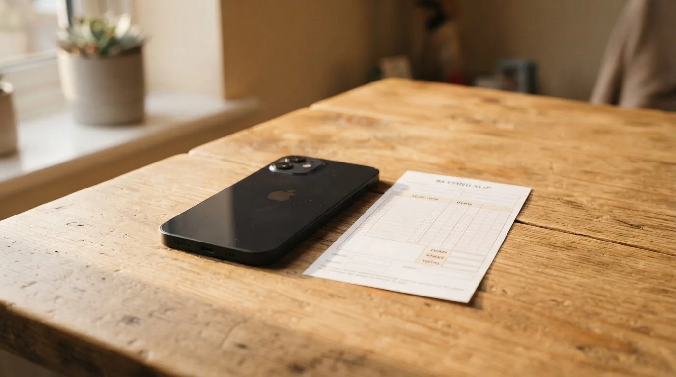 Ein Smartphone mit dunklem Display liegt neben einem leeren Papier-Wettschein auf einem Tisch am Fenster.