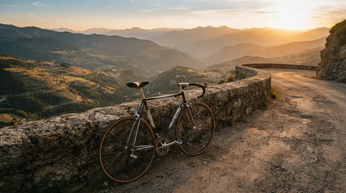 Ein Rennrad lehnt an einer Steinmauer in einer Bergkurve, im Hintergrund eine weite Hügellandschaft im Gegenlicht.