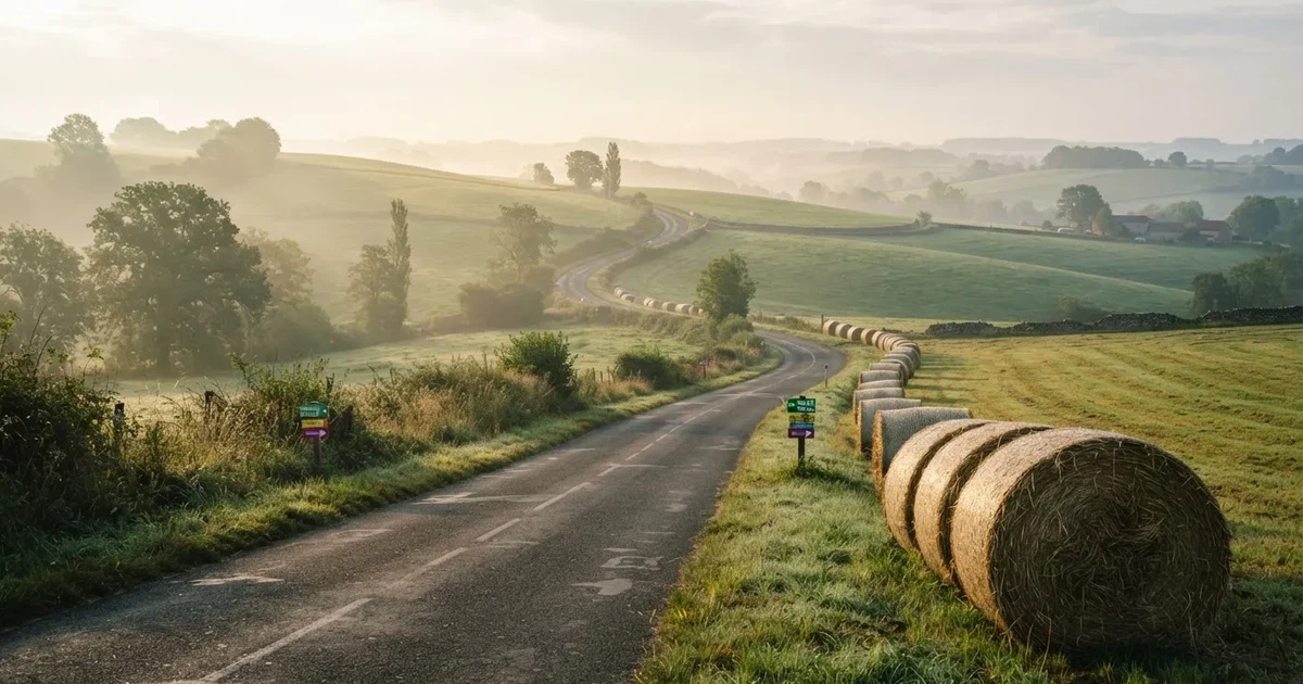Eine Landstraße schlängelt sich durch Hügel im Morgennebel, am Straßenrand liegen Heuballen auf einem abgemähten Feld.