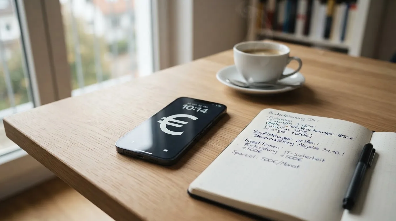 Ein Smartphone liegt auf einem Tisch neben einem Notizbuch mit handschriftlichen Notizen und einer Tasse Kaffee.