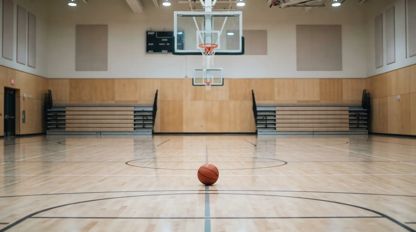 Ein Basketballkorb in einer leeren Halle, der Ball liegt unter dem Brett auf dem Parkett.