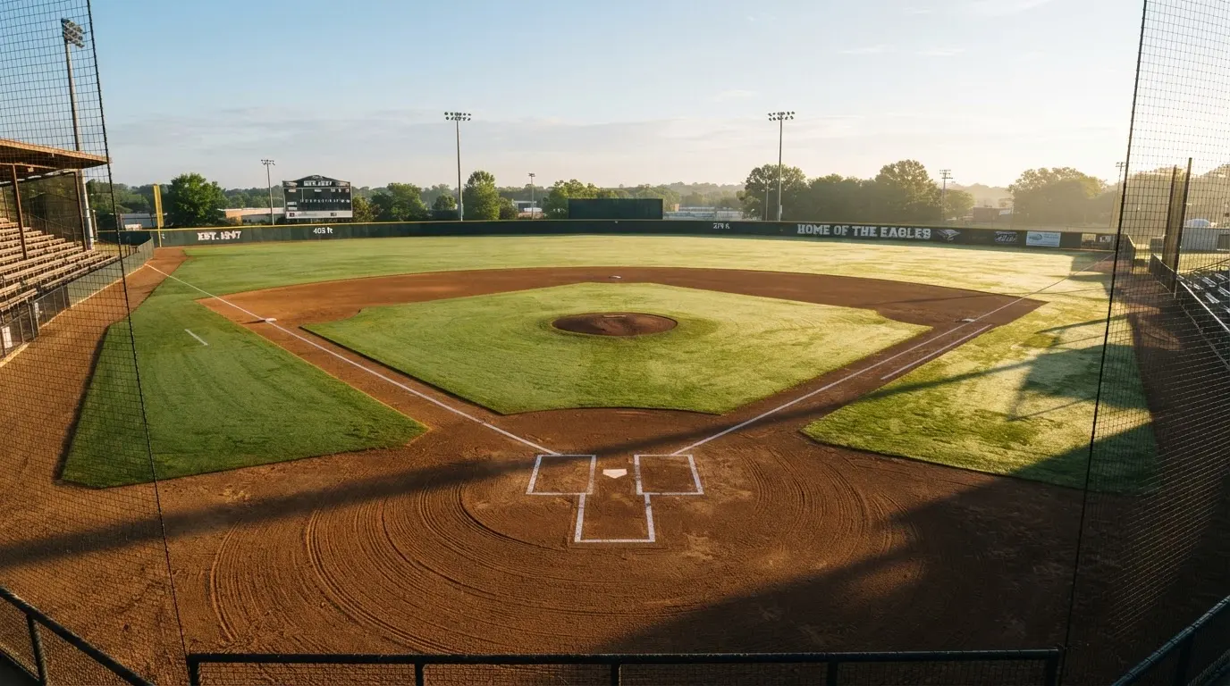 Ein Baseballfeld mit leerem Infield im Morgenlicht, die Linien frisch gezogen, keine Spieler im Bild.
