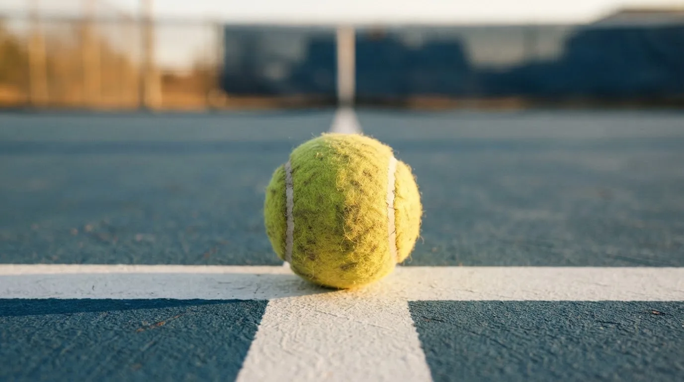 Ein Tennisball liegt in Nahaufnahme auf einer Grundlinie, dahinter verschwimmt ein leerer Platz in warmem Licht.