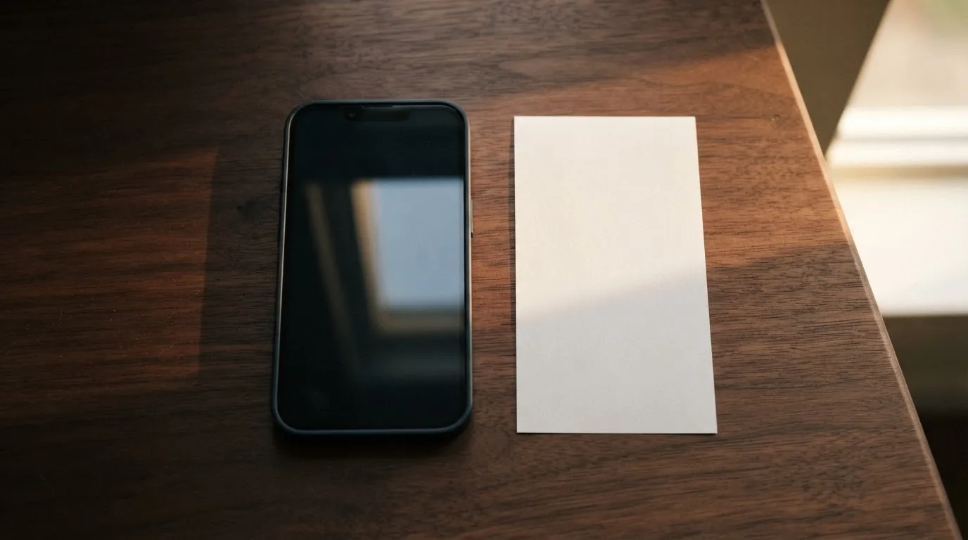 Ein Smartphone mit dunklem Display liegt neben einem leeren Papier-Wettschein auf einem Tisch, Licht fällt von der Seite.