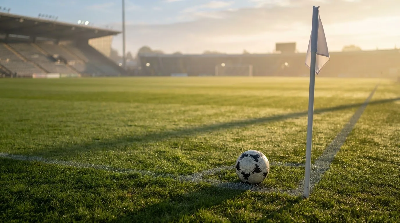 Ein Fußball liegt auf Rasen neben einer Eckfahne ohne Aufdruck auf einem leeren Platz im Morgenlicht.