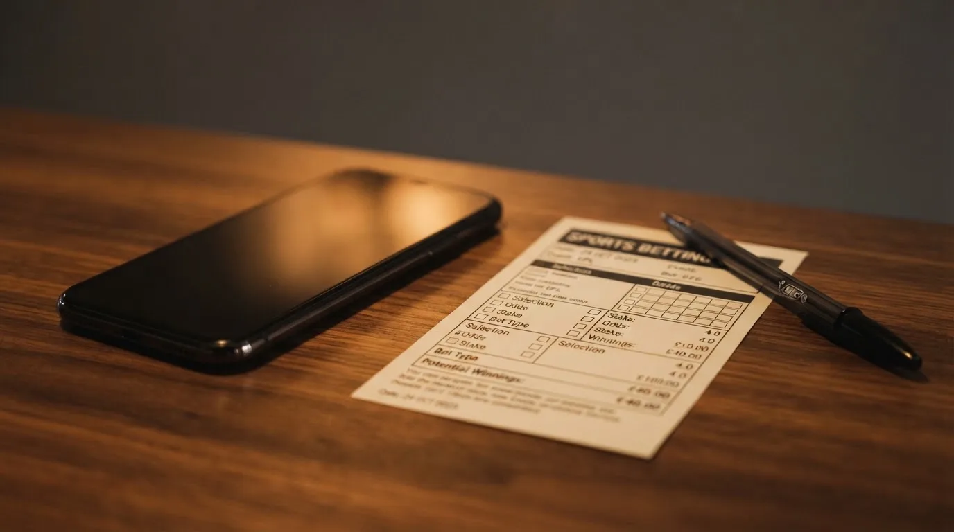 Ein Smartphone liegt mit dunklem Display neben einem leeren Papier-Wettschein und einem Stift auf einem Holztisch.