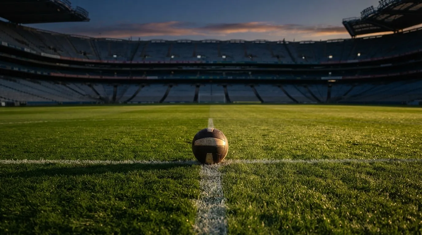 Ein Fußball liegt auf dem Anstoßpunkt eines Rasenplatzes, dahinter eine leere Tribüne im Abendlicht.