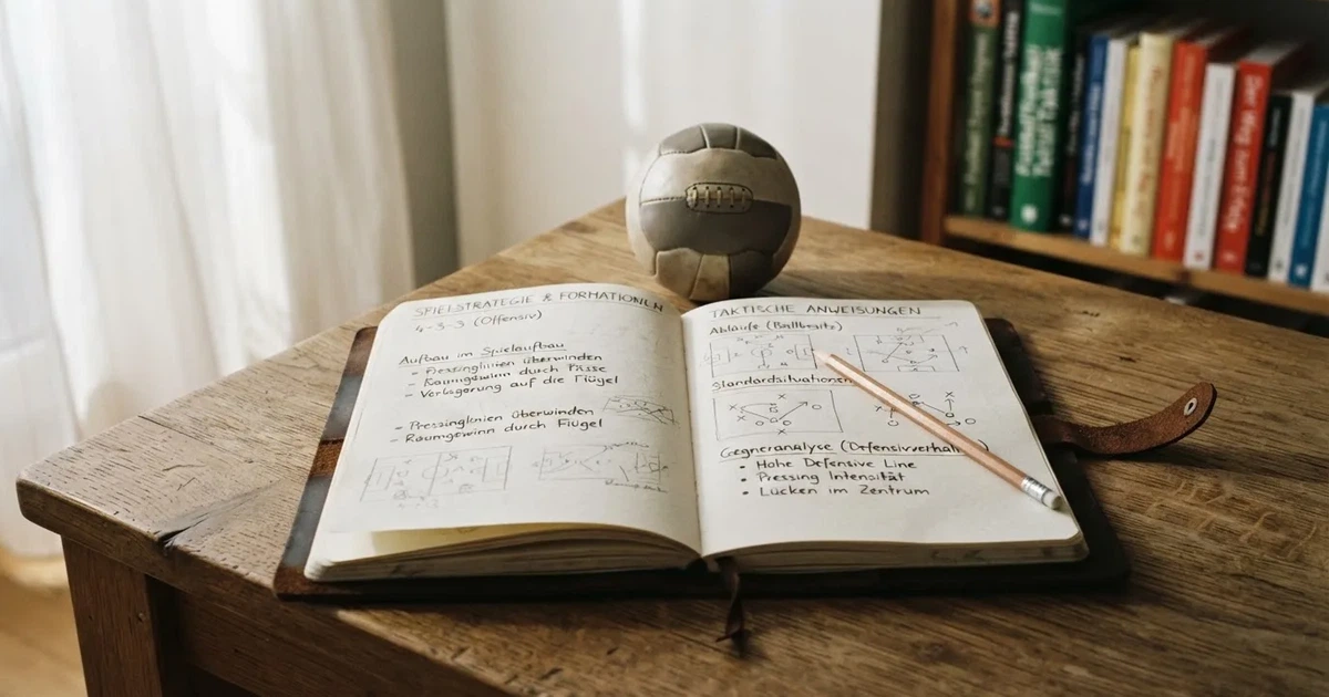 Ein Notizbuch mit handschriftlichen Notizen und einem Bleistift liegt auf einem Holztisch, daneben ein kleiner Fußball im Tageslicht.