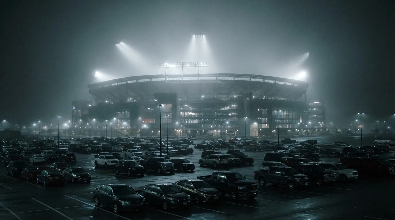 Ein Stadion unter Flutlicht aus der Ferne gesehen, davor ein stiller Parkplatz bei Nebel.
