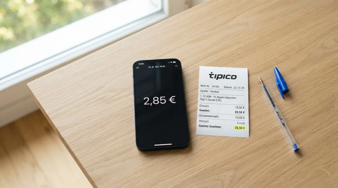 Ein leerer Papier-Wettschein und ein Kugelschreiber liegen neben einem Smartphone mit dunklem Display auf einem Schreibtisch am Fenster.