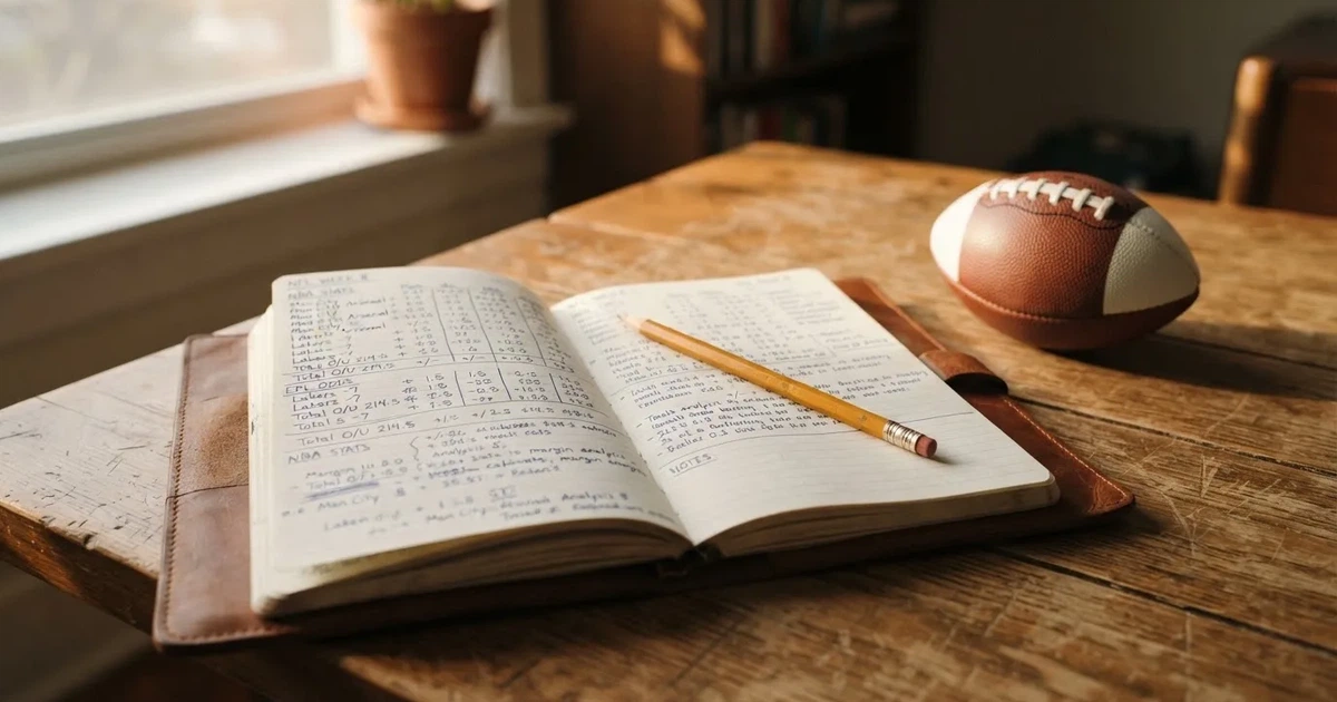 Ein Notizbuch mit handschriftlichen Notizen und einem Bleistift liegt auf einem Holztisch, daneben ein kleiner Fußball im Tageslicht.