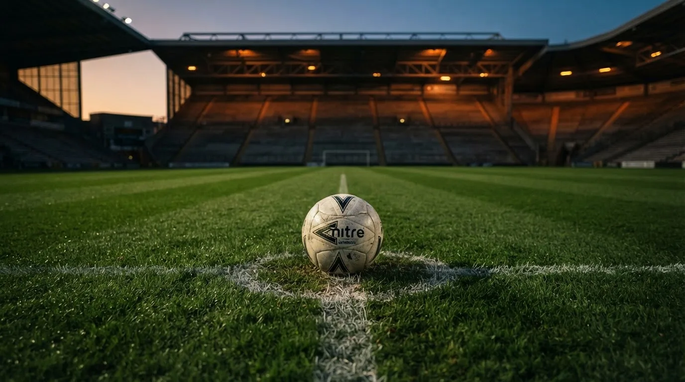 Ein Fußball liegt auf dem Anstoßpunkt eines Rasenplatzes, dahinter eine leere Tribüne im Abendlicht.