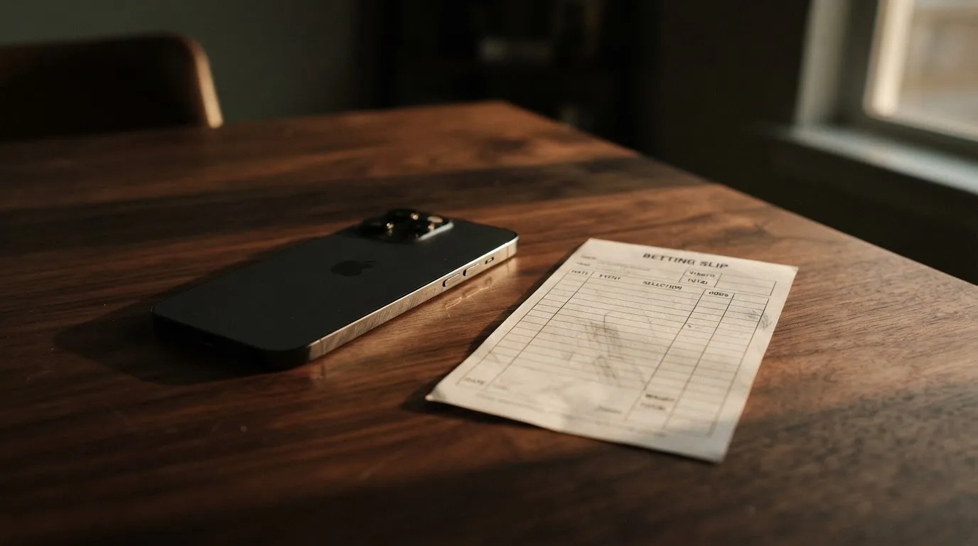 Ein Smartphone mit dunklem Display liegt neben einem leeren Papier-Wettschein auf einem Holztisch, Licht fällt von der Seite.