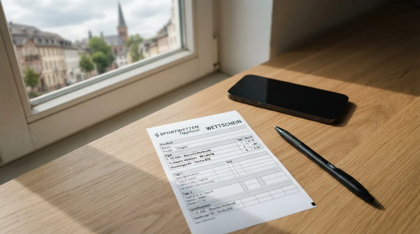 Ein leerer Papier-Wettschein und ein Kugelschreiber liegen neben einem Smartphone mit dunklem Display auf einem Schreibtisch am Fenster.